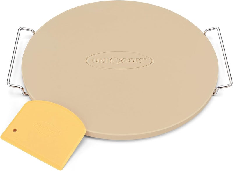 Unicook 12 Inch Round Pizza Stone for Oven and Grill, Cordierite Bread Baking Stone, Baking Crispy Pizzas, Bread and Cookies, Includes Carry Rack and Dough Scraper - Image 1